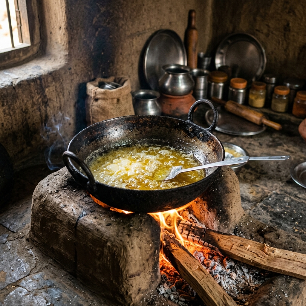Butter boiling on slow woodfire stove