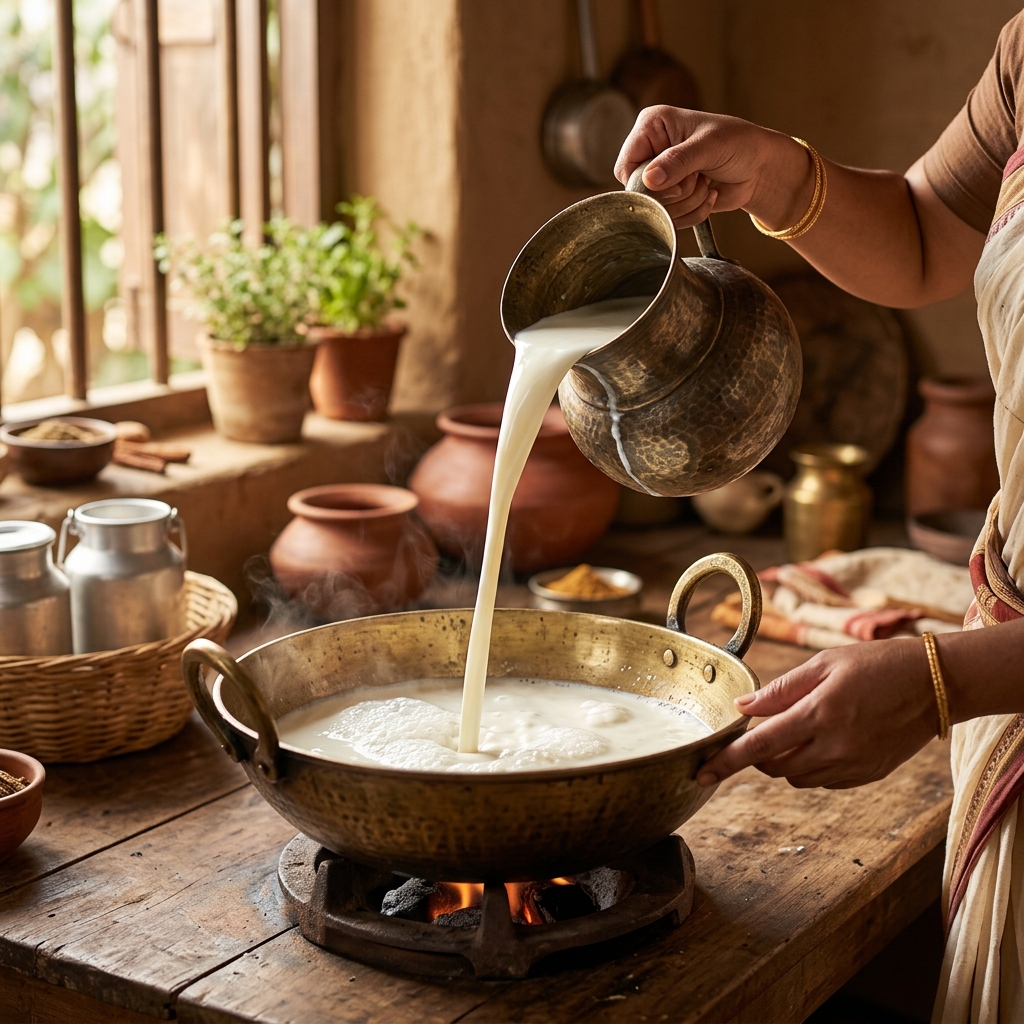 Brass vessel with fresh Desi cow milk