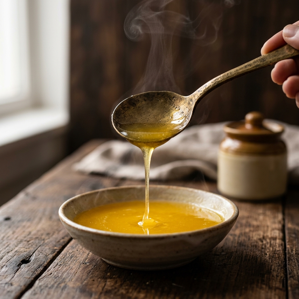 Desi Ghee in spoon with warm golden liquid