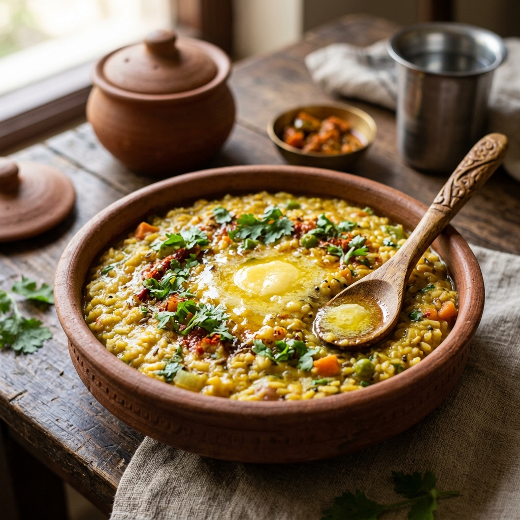 Traditional cooking herbs and ghee pot