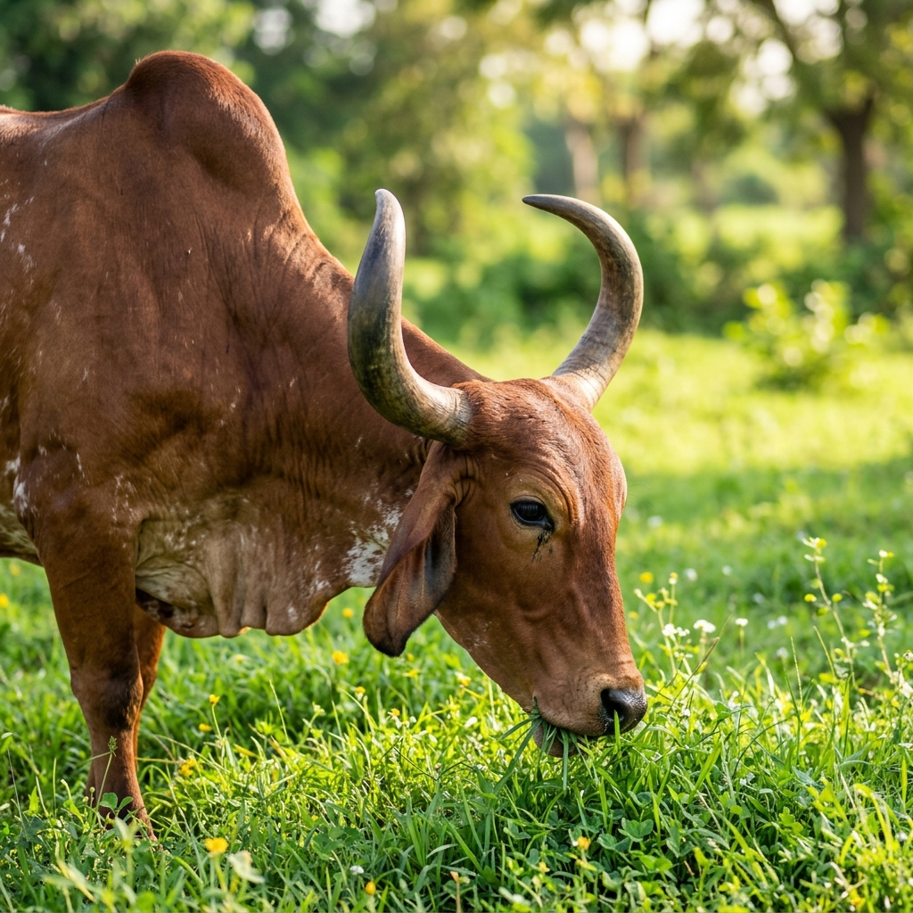 Desi Cow grazing happily on green grass