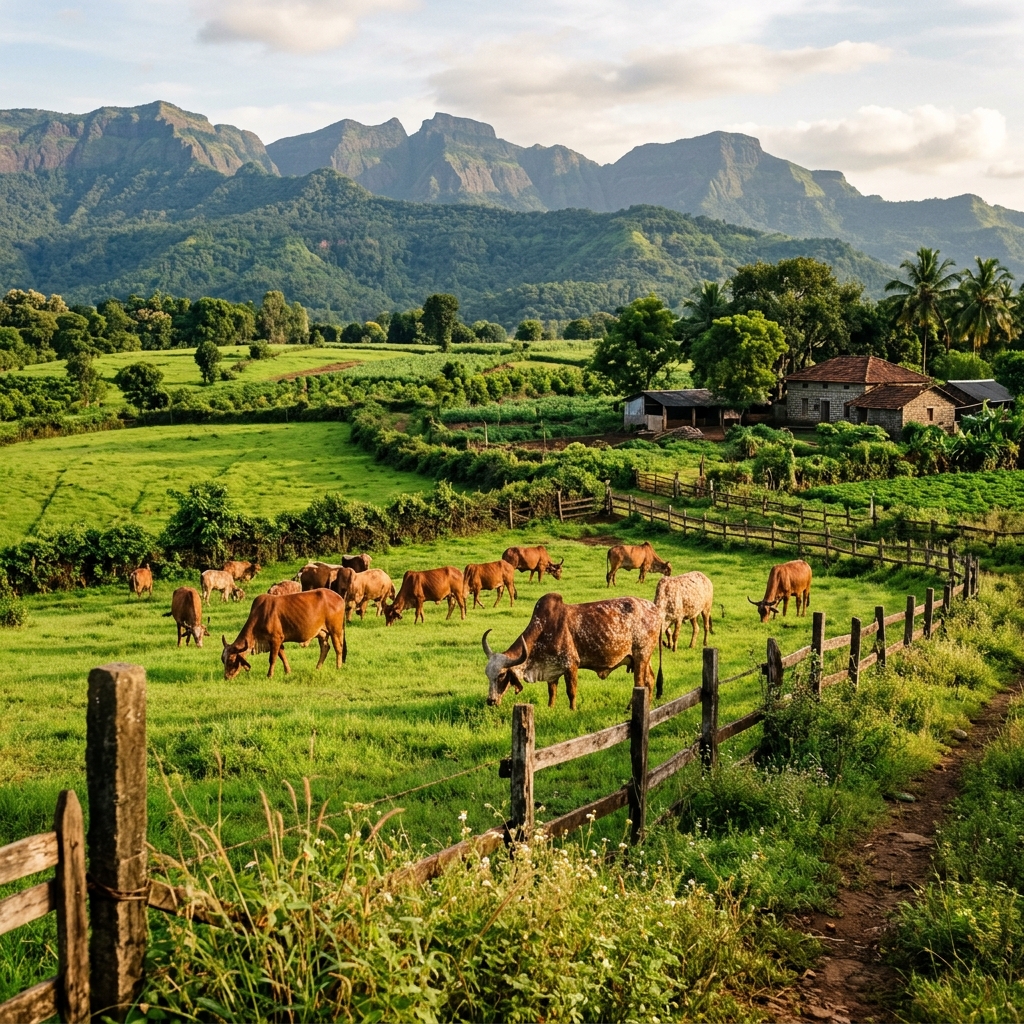 Organic farm landscape with Desi cows grazing